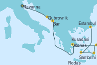 Visitando Ravenna (Italia), Dubrovnik (Croacia), Bar ( Montenegro), Atenas (Grecia), Kusadasi (Efeso/Turquía), Rodas (Grecia), Santorini (Grecia), Estambul (Turquía), Estambul (Turquía)