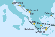 Visitando Estambul (Turquía), Kusadasi (Efeso/Turquía), Santorini (Grecia), Mykonos (Grecia), Atenas (Grecia), Katakolon (Olimpia/Grecia), Corfú (Grecia), Dubrovnik (Croacia), Bar ( Montenegro), Split (Croacia), Ravenna (Italia)