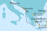 Visitando Ravenna (Italia), Dubrovnik (Croacia), Bar ( Montenegro), Atenas (Grecia), Santorini (Grecia), Rodas (Grecia), Kusadasi (Efeso/Turquía), Tesalónica (Grecia), Estambul (Turquía), Estambul (Turquía)
