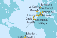 Visitando Southampton (Inglaterra), La Coruña (Galicia/España), Cádiz (España), Málaga, Alicante (España), Palma de Mallorca (España), Marsella (Francia), Barcelona, Funchal (Madeira), Arrecife (Lanzarote/España), Las Palmas de Gran Canaria (España), Salvador de Bahía (Brasil), Río de Janeiro (Brasil), Santos (Brasil)