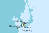 Visitando Shanghái (China), Gangjeong (Corea del Sur), Sasebo (Japón), Busán (Corea del Sur), Shanghái (China), Fukuoka (Japón), Busán (Corea del Sur), Shanghái (China)
