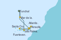 Visitando Funchal (Madeira)Mar de las islas Canarias - Experiencia a bordo, Las Palmas de Gran Canaria (España), Arrecife (Lanzarote/España), Atlantis crest Oeste - Experiencia a bordo, Santa Cruz de Tenerife (España), Santa Cruz de Tenerife (España), Fuerteventura (Canarias/España), Funchal (Madeira)
