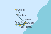 Visitando Santa Cruz de Tenerife (España), Santa Cruz de Tenerife (España), Arrecife (Lanzarote/España), Arrecife (Lanzarote/España), Funchal (Madeira), Mar de las islas Canarias - Experiencia a bordo, Las Palmas de Gran Canaria (España), Arrecife (Lanzarote/España), Atlantis crest Oeste - Experiencia a bordo, Santa Cruz de Tenerife (España)