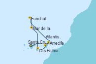 Visitando Santa Cruz de Tenerife (España), Arrecife (Lanzarote/España), Arrecife (Lanzarote/España), Funchal (Madeira), Mar de las islas Canarias - Experiencia a bordo, Las Palmas de Gran Canaria (España), Arrecife (Lanzarote/España), Atlantis crest Oeste - Experiencia a bordo, Santa Cruz de Tenerife (España), Santa Cruz de Tenerife (España)