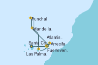 Visitando Santa Cruz de Tenerife (España), Fuerteventura (Canarias/España), Funchal (Madeira), Mar de las islas Canarias - Experiencia a bordo, Las Palmas de Gran Canaria (España), Arrecife (Lanzarote/España), Atlantis crest Oeste - Experiencia a bordo, Santa Cruz de Tenerife (España), Santa Cruz de Tenerife (España)