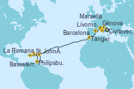 Visitando Civitavecchia (Roma), Génova (Italia), Livorno, Pisa y Florencia (Italia), Marsella (Francia), Barcelona, Tánger (Marruecos), St. John´s (Antigua y Barbuda), Philipsburg (St. Maarten), Basseterre (Antillas), La Romana (República Dominicana)