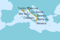 Visitando Génova (Italia), La Spezia, Florencia y Pisa (Italia), Civitavecchia (Roma), Salerno (Italia), Bahía de Capri - Experiencia a bordo, Messina (Sicilia), Bahía de Stromboli, Toulon (Francia), Mar de Liguria - Experiencia a bordo, Génova (Italia)