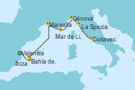 Visitando Valencia, Bahía de Formentera - Experiencia a bordo, Ibiza (España), Ibiza (España), Marsella (Francia), Mar de Liguria - Experiencia a bordo, Génova (Italia), La Spezia, Florencia y Pisa (Italia), Civitavecchia (Roma)