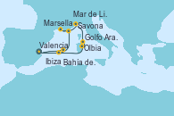 Visitando Valencia, Bahía de Formentera - Experiencia a bordo, Ibiza (España), Ibiza (España), Marsella (Francia), Mar de Liguria - Experiencia a bordo, Savona (Italia), Olbia (Cerdeña), Golfo Aranci - Experiencia a bordo, Valencia Visitando Valencia, Bahía de Formentera - Experiencia a bordo, Ibiza (España), Ibiza (España), Marsella (Francia), Mar de Liguria - Experiencia a bordo, Savona (Italia), Olbia (Cerdeña), Golfo Aranci - Experiencia a bordo, Valencia