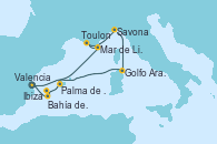 Visitando Valencia, Bahía de Formentera - Experiencia a bordo, Ibiza (España), Ibiza (España), Palma de Mallorca (España), Toulon (Francia), Mar de Liguria - Experiencia a bordo, Savona (Italia), Golfo Aranci - Experiencia a bordo, Golfo Aranci - Experiencia a bordo, Valencia Visitando Valencia, Bahía de Formentera - Experiencia a bordo, Ibiza (España), Ibiza (España), Palma de Mallorca (España), Toulon (Francia), Mar de Liguria - Experiencia a bordo, Savona (Italia), Golfo Aranci - Experiencia a bordo, Golfo Aranci - Experiencia a bordo, Valencia