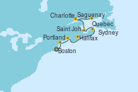 Visitando Boston (Massachusetts), Portland (Maine/Estados Unidos), Saint John (New Brunswick/Canadá), Halifax (Canadá), Sydney (Nueva Escocia/Canadá), Charlottetown (Canadá), Saguenay (Canadá), Quebec (Canadá), Quebec (Canadá)