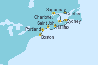 Visitando Quebec (Canadá), Quebec (Canadá), Saguenay (Canadá), Charlottetown (Canadá), Sydney (Nueva Escocia/Canadá), Halifax (Canadá), Saint John (New Brunswick/Canadá), Portland (Maine/Estados Unidos), Boston (Massachusetts)