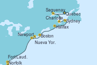 Visitando Quebec (Canadá), Saguenay (Canadá), Charlottetown (Canadá), Sydney (Nueva Escocia/Canadá), Halifax (Canadá), Boston (Massachusetts), Newport (Rhode Island), Nueva York (Estados Unidos), Nueva York (Estados Unidos), Norfolk (Virginia/EEUU), Fort Lauderdale (Florida/EEUU)