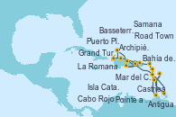 Visitando La Romana (República Dominicana), Mar del Caribe - Experiencia a bordo, Castries (Santa Lucía/Caribe), Pointe a Pitre (Guadalupe), Bahía de Guadalupe - Experiencia a bordo, Bahía de Guadalupe - Experiencia a bordo, Antigua (Antillas), Basseterre (Antillas), Road Town (Isla Tórtola/Islas Vírgenes), La Romana (República Dominicana), Isla Catalina (República Dominicana), Bahía de Catalina - Experiencia a bordo, Cabo Rojo, Puerto Plata, Republica Dominicana, Grand Turks(Turks & Caicos), Archipiélago de las Islas Turcas y Caicos -Experie, Samana (República Dominicana), La Romana (República Dominicana)