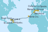 Visitando Pointe a Pitre (Guadalupe), Philipsburg (St. Maarten), Road Town (Isla Tórtola/Islas Vírgenes), St. John´s (Antigua y Barbuda), Santa Cruz de Tenerife (España), Barcelona, Marsella (Francia), Génova (Italia), La Spezia, Florencia y Pisa (Italia), Civitavecchia (Roma)