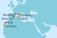 Visitando Barcelona, Ibiza (España), Cagliari (Cerdeña), Civitavecchia (Roma), Las Palmas de Gran Canaria (España), Arrecife (Lanzarote/España), Santa Cruz de Tenerife (España)