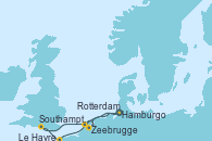 Visitando Hamburgo (Alemania), Zeebrugge (Bruselas), Rotterdam (Holanda), Southampton (Inglaterra), Le Havre (Francia), Hamburgo (Alemania)