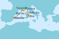 Visitando Savona (Italia), Olbia (Cerdeña), Golfo Aranci - Experiencia a bordo, Valencia, Toulon (Francia), Mar de Liguria - Experiencia a bordo, Savona (Italia)