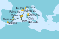 Visitando Valencia, Málaga, Alicante (España), Bahía de Formentera - Experiencia a bordo, Ibiza (España), Palma de Mallorca (España), Toulon (Francia), Mar de Liguria - Experiencia a bordo, Savona (Italia), Olbia (Cerdeña), Golfo Aranci - Experiencia a bordo, Valencia