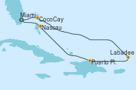 Visitando Miami (Florida/EEUU), CocoCay (Bahamas), Labadee (Haiti), Puerto Plata, Republica Dominicana, Nassau (Bahamas), Miami (Florida/EEUU)