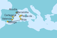 Visitando Barcelona, Valencia, Cartagena (Murcia), Málaga, Ibiza (España), Palma de Mallorca (España), Alcudia (Mallorca/España), Barcelona