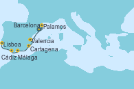 Visitando Barcelona, Palamos (Gerona/España), Valencia, Cartagena (Murcia), Málaga, Cádiz (España), Lisboa (Portugal)