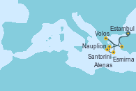 Visitando Estambul (Turquía), Esmirna (Turquía), Volos (Grecia), Santorini (Grecia), Nauplion (Grecia), Atenas (Grecia), Estambul (Turquía)
