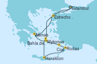 Visitando Estambul (Turquía), Mykonos (Grecia), Bahía de Mykonos - Experiencia a bordo, Bahía de Mykonos - Experiencia a bordo, Heraklion (Creta), Rodas (Grecia), Cos (Grecia), Atenas (Grecia), Estrecho de Dardanelos - Experiencia a bordo, Estambul (Turquía)