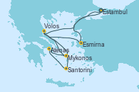 Visitando Estambul (Turquía), Esmirna (Turquía), Volos (Grecia), Santorini (Grecia), Atenas (Grecia), Mykonos (Grecia), Volos (Grecia), Estambul (Turquía)
