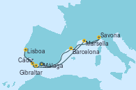 Visitando Málaga, Marsella (Francia), Savona (Italia), Barcelona, Cádiz (España), Lisboa (Portugal), Lisboa (Portugal), Gibraltar (Inglaterra), Málaga Visitando Málaga, Marsella (Francia), Savona (Italia), Barcelona, Cádiz (España), Lisboa (Portugal), Lisboa (Portugal), Gibraltar (Inglaterra), Málaga
