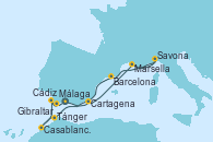 Visitando Málaga, Cartagena (Murcia), Marsella (Francia), Savona (Italia), Barcelona, Tánger (Marruecos), Casablanca (Marruecos), Cádiz (España), Gibraltar (Inglaterra), Málaga Visitando Málaga, Cartagena (Murcia), Marsella (Francia), Savona (Italia), Barcelona, Tánger (Marruecos), Casablanca (Marruecos), Cádiz (España), Gibraltar (Inglaterra), Málaga