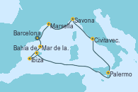 Visitando BarcelonaMar de las Baleares - Experiencia a bordo, Mar de las Baleares - Experiencia a bordo, Ibiza (España), Bahía de Ibiza - Experiencia a bordo, Palermo (Italia), Civitavecchia (Roma), Savona (Italia), Marsella (Francia), Barcelona
