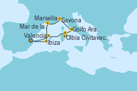 Visitando ValenciaMar de las Baleares - Experiencia a bordo, Mar de las Baleares - Experiencia a bordo, Olbia (Cerdeña), Golfo Aranci - Experiencia a bordo, Civitavecchia (Roma), Savona (Italia), Marsella (Francia), Ibiza (España), Valencia