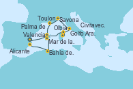 Visitando ValenciaMar de las Baleares - Experiencia a bordo, Mar de las Baleares - Experiencia a bordo, Olbia (Cerdeña), Golfo Aranci - Experiencia a bordo, Civitavecchia (Roma), Savona (Italia), Toulon (Francia), Palma de Mallorca (España), Bahía de Palma - Experiencia a bordo, Bahía de Palma - Experiencia a bordo, Alicante (España)