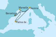 Visitando Barcelona, Marsella (Francia), Savona (Italia), Palma de Mallorca (España), Marsella (Francia), Savona (Italia), Barcelona