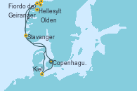Visitando Copenhague (Dinamarca), Hellesylt (Noruega), Fiordo de Gerinager - Experiencia a bordo, Geiranger (Noruega), Olden (Noruega), Stavanger (Noruega), Kiel (Alemania), Copenhague (Dinamarca)
