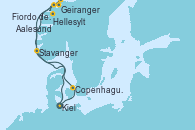 Visitando Kiel (Alemania), Copenhague (Dinamarca), Hellesylt (Noruega), Fiordo de Gerinager - Experiencia a bordo, Geiranger (Noruega), Aalesund (Noruega), Stavanger (Noruega), Kiel (Alemania)