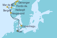Visitando Kiel (Alemania), Copenhague (Dinamarca), Hellesylt (Noruega), Fiordo de Gerinager - Experiencia a bordo, Geiranger (Noruega), Bergen (Noruega), Mar de Noruega - Experiencia a bordo, Haugesund (Noruega), Kiel (Alemania)