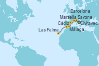 Visitando Civitavecchia (Roma), Savona (Italia), Marsella (Francia), Barcelona, Málaga, Cádiz (España), Las Palmas de Gran Canaria (España)