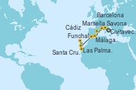Visitando Civitavecchia (Roma), Savona (Italia), Marsella (Francia), Barcelona, Málaga, Cádiz (España), Las Palmas de Gran Canaria (España), Funchal (Madeira), Santa Cruz de Tenerife (España)