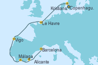 Visitando Copenhague (Dinamarca), Kristiansand (Noruega), Le Havre (Francia), Vigo (España), Málaga, Alicante (España), Barcelona
