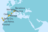 Visitando Savona (Italia), Marsella (Francia), Barcelona, Málaga, Cádiz (España), Las Palmas de Gran Canaria (España), Funchal (Madeira), Santa Cruz de Tenerife (España), Santa Cruz de Tenerife (España)