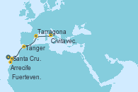 Visitando Santa Cruz de Tenerife (España), Arrecife (Lanzarote/España), Fuerteventura (Canarias/España), Tánger (Marruecos), Tarragona (España), Civitavecchia (Roma)