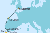 Visitando Southampton (Inglaterra), La Coruña (Galicia/España), Gibraltar (Inglaterra), Casablanca (Marruecos), Cádiz (España), Southampton (Inglaterra)