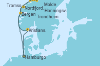 Visitando Hamburgo (Alemania), Molde (Noruega), Honningsvag (Noruega), Honningsvag (Noruega), Tromso (Noruega), Trondheim (Noruega), Nordfjordeid, Bergen (Noruega), Kristiansand (Noruega), Hamburgo (Alemania)
