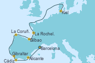 Visitando Barcelona, Alicante (España), Gibraltar (Inglaterra), Cádiz (España), La Coruña (Galicia/España), Bilbao (España), La Rochelle (Francia), Kiel (Alemania)