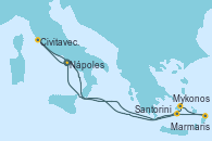 Visitando Nápoles (Italia), Civitavecchia (Roma), Mykonos (Grecia), Marmaris (Turquía), Santorini (Grecia), Nápoles (Italia)