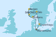 Visitando Warnemunde (Alemania), SANDNES (STAVANGER), Bergen (Noruega), Kristiansand (Noruega), Oslo (Noruega), Copenhague (Dinamarca), Warnemunde (Alemania)