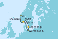 Visitando Warnemunde (Alemania), Kristiansand (Noruega), Vik (Noruega), SANDNES (STAVANGER), Oslo (Noruega), Copenhague (Dinamarca), Warnemunde (Alemania)