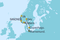Visitando Warnemunde (Alemania), Vik (Noruega), SANDNES (STAVANGER), Kristiansand (Noruega), Oslo (Noruega), Copenhague (Dinamarca), Warnemunde (Alemania)